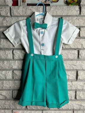 Vintage Toddler Outfit - suspender shorts bow tie shirt
